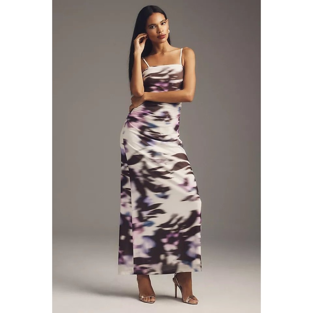 BHLDN Lea Dress Square Neck Midi Purple Abstract Ruched Wedding Guest Womens M